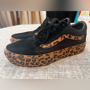 Vans women’s sneakers, black suede and leopard. Size 8